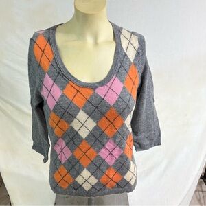 Geneva 2-ply 100% Cashmere Sweater Women’s Size Medium Gray  Argyle